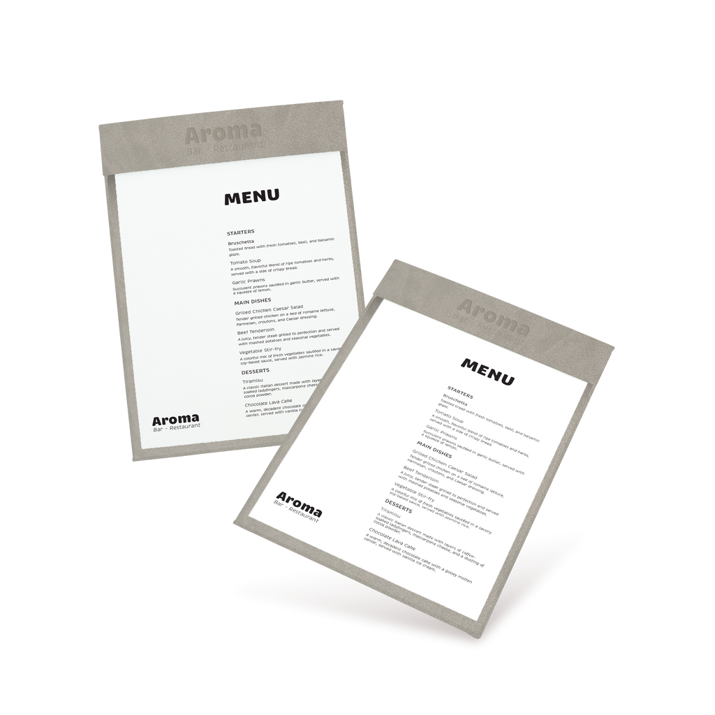 Two clipboard menu cards with a silver border on a white background