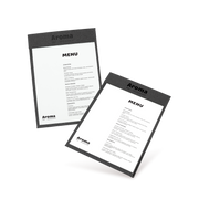 Two clipboard menu cards with black border and white background