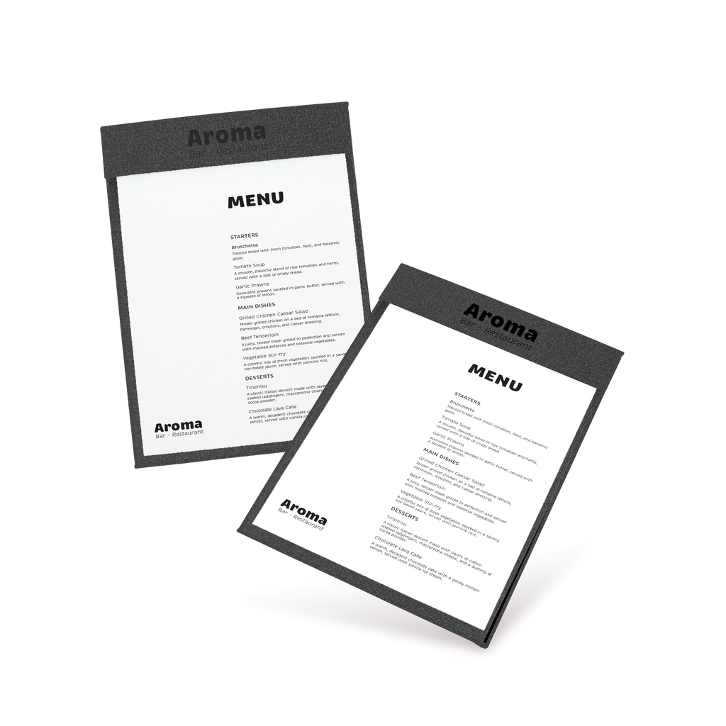 Two clipboard menu cards with black border and white background