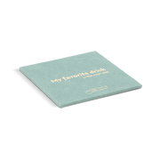 An blue square coaster with the text 'My favorite drink' and a logo on it.