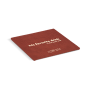 An red square coaster with the text 'My favorite drink' and a logo on it.