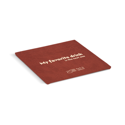 An red square coaster with the text 'My favorite drink' and a logo on it.