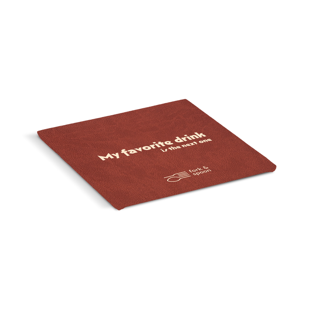 An red square coaster with the text 'My favorite drink' and a logo on it.