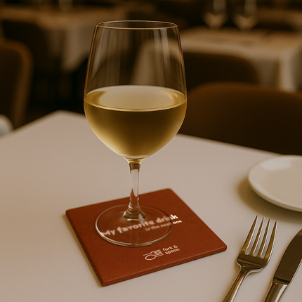 A red coaster with branding and a wine glass