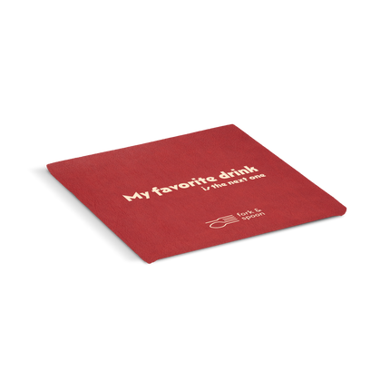 An red square coaster with the text 'My favorite drink' and a logo on it.
