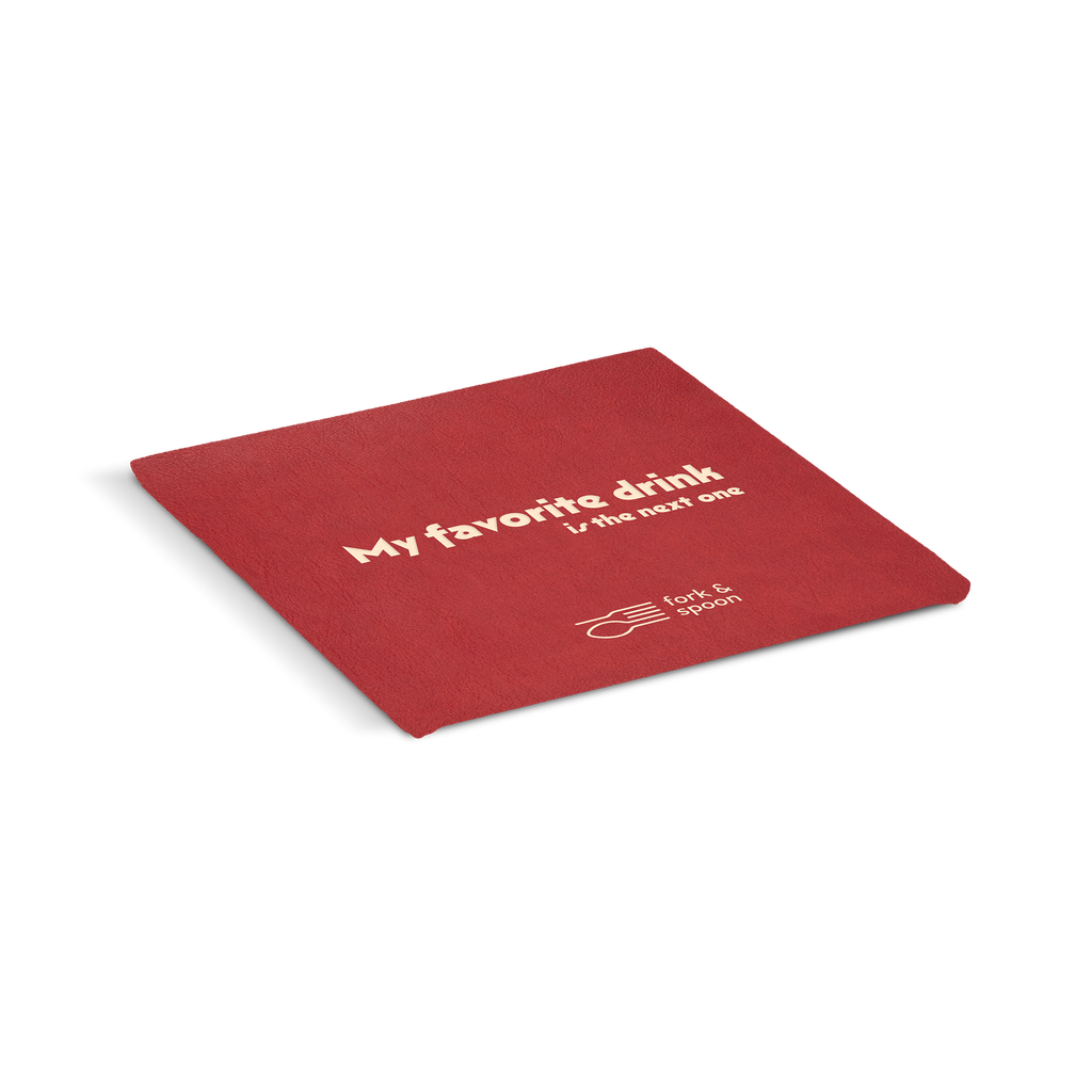 An red square coaster with the text 'My favorite drink' and a logo on it.