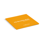 An orange square coaster with the text 'My favorite drink' and a logo on it.