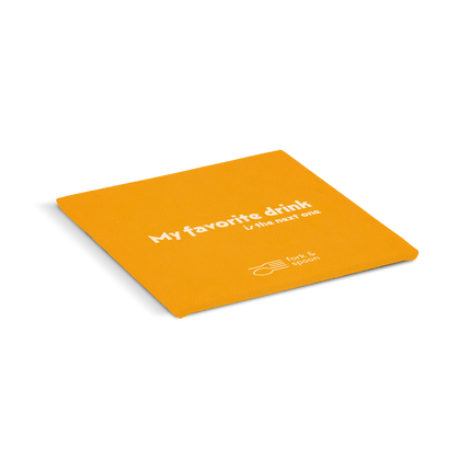 An orange square coaster with the text 'My favorite drink' and a logo on it.