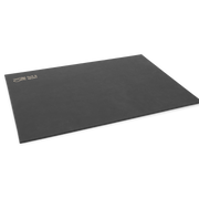 A black rectangular placemat made from vegan leather, with a subtle textured surface and visible stitching along the edges.