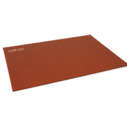 A brown rectangular placemat made from vegan leather, with a subtle textured surface and visible stitching along the edges.