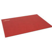 A red rectangular placemat made from vegan leather, with a subtle textured surface and visible stitching along the edges.