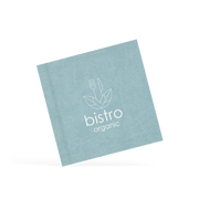 A classy clamp card with a aqua blue cover featuring a white 'bistro organic' logo.
