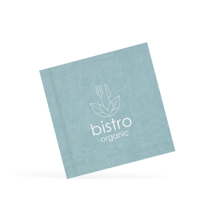 A classy clamp card with a aqua blue cover featuring a white 'bistro organic' logo.