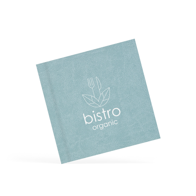 A classy clamp card with a aqua blue cover featuring a white 'bistro organic' logo.