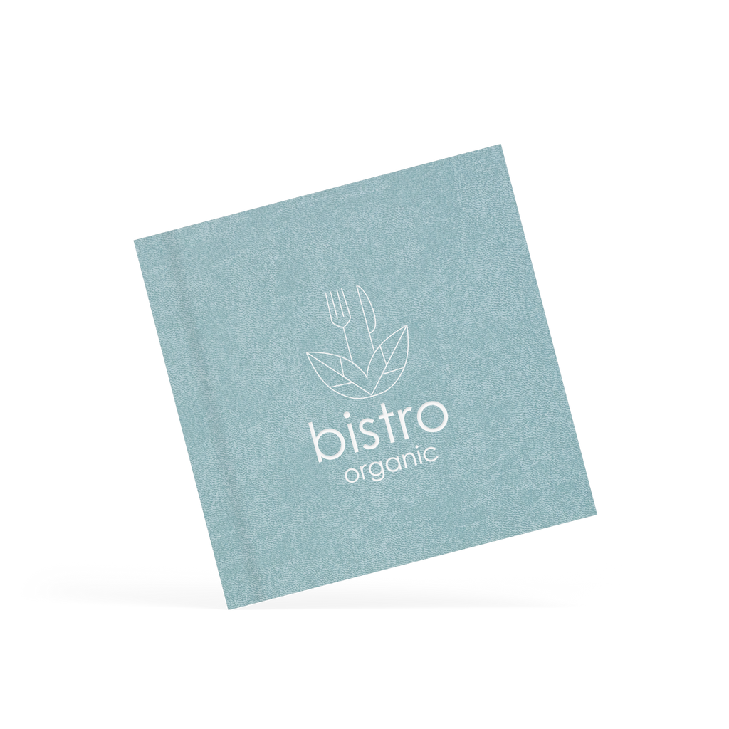 A classy clamp card with a aqua blue cover featuring a white 'bistro organic' logo.