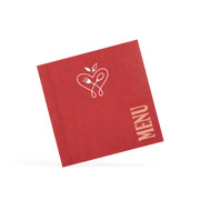 A classy clamp card with a red cover featuring a white 'design and menu' logo.