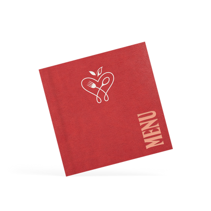 A classy clamp card with a red cover featuring a white 'design and menu' logo.