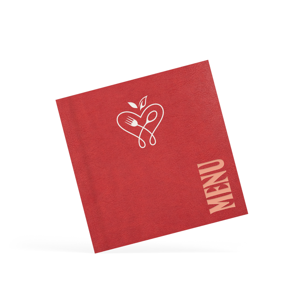 A classy clamp card with a red cover featuring a white 'design and menu' logo.
