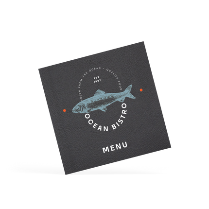 A classy clamp card with a black cover featuring a white 'Ocean Bistro' logo.