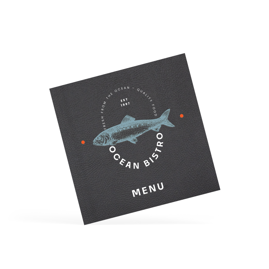 A classy clamp card with a black cover featuring a white 'Ocean Bistro' logo.