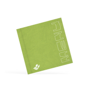 A classy clamp card with a green cover featuring a white 'design & menu' logo.