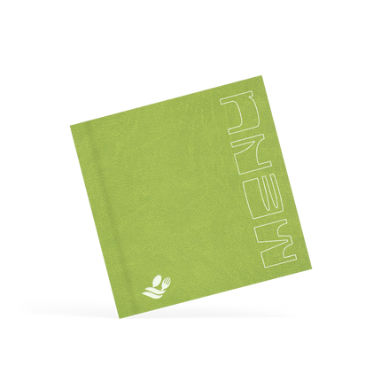 A classy clamp card with a green cover featuring a white 'design & menu' logo.