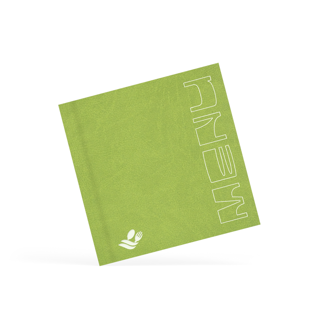 A classy clamp card with a green cover featuring a white 'design & menu' logo.