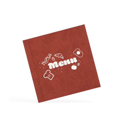A classy clamp card with a brown cover featuring a white 'menu' logo.