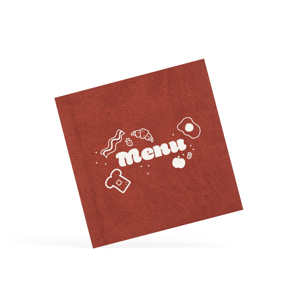 A classy clamp card with a brown cover featuring a white 'menu' logo.