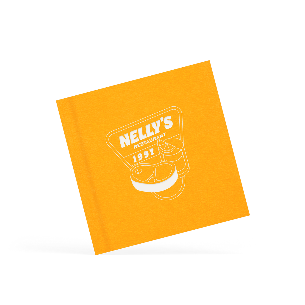 A classy clamp card with a yellow cover featuring a white 'Nelly's' logo.