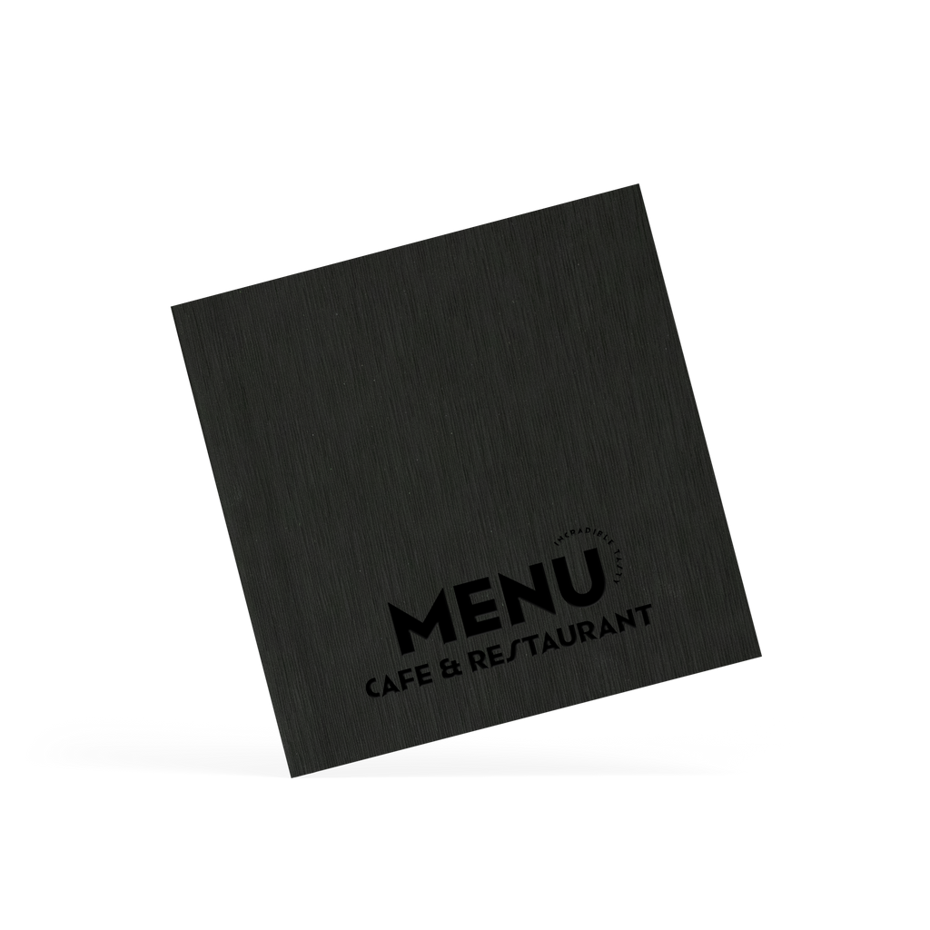 Black placemat with 'MENU CAFE & RESTAURANT' text on a white background