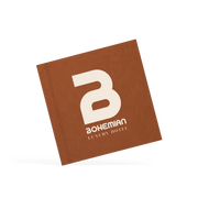 Brown placemat with white logo and text on a white background