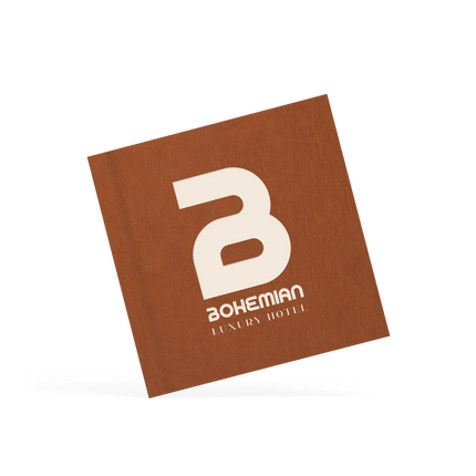 Brown placemat with white logo and text on a white background