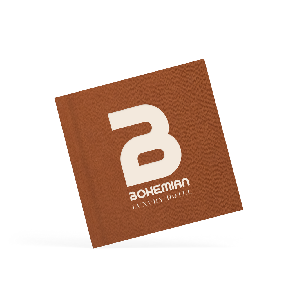 Brown placemat with white logo and text on a white background