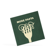 Green placemat with white hand and pasta text on a white background