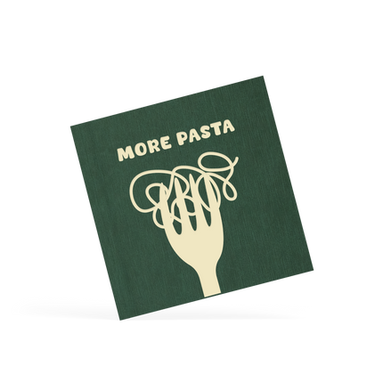 Green placemat with white hand and pasta text on a white background