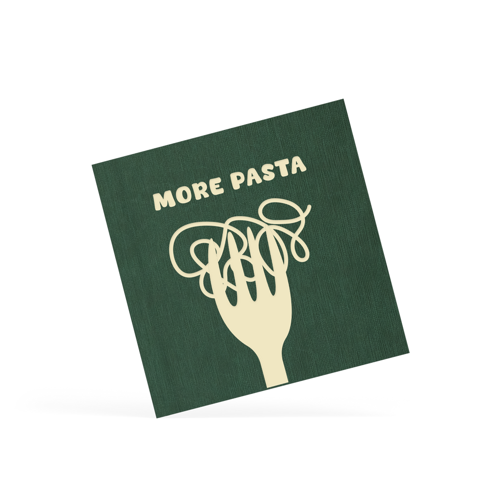 Green placemat with white hand and pasta text on a white background