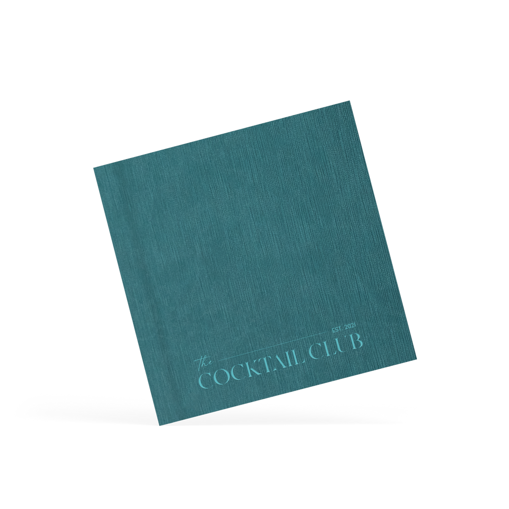 Teal cocktail placemat with 'The Cocktail Club' text on a white background