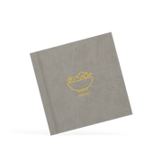 Gray menu cover with yellow logo on a white background