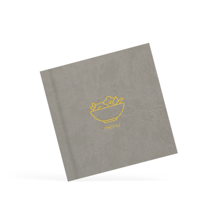 Gray menu cover with yellow logo on a white background