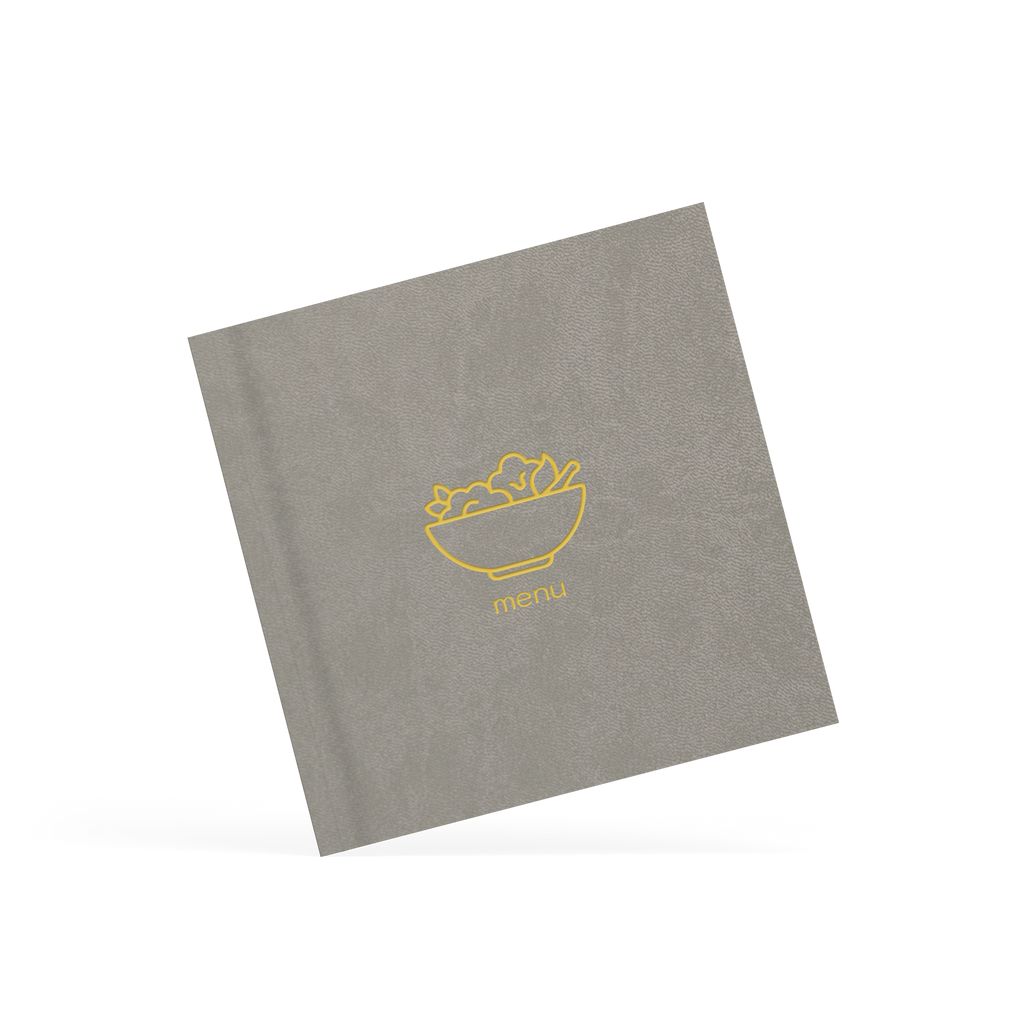 Gray menu cover with yellow logo on a white background
