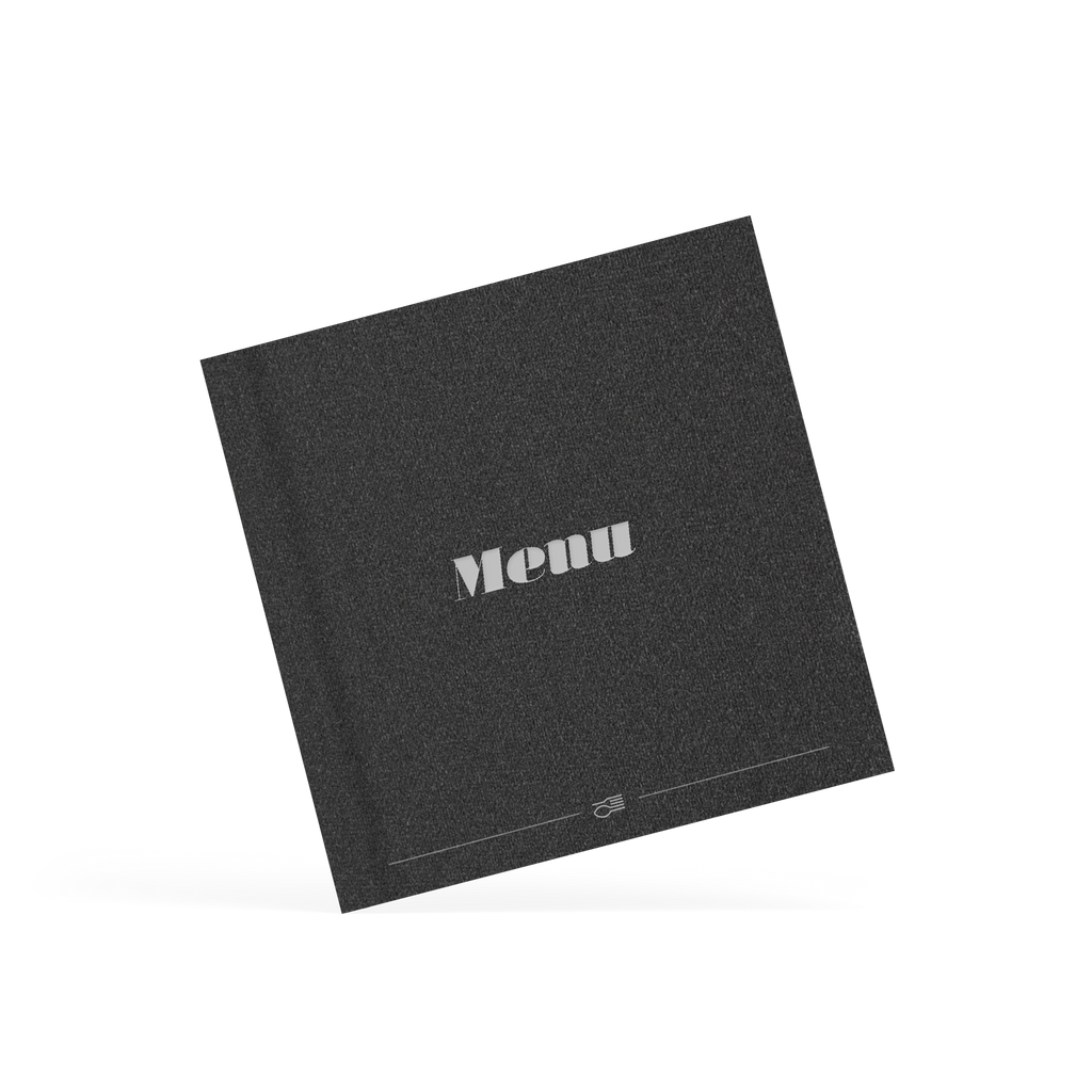 Black placemat with 'Menu' text on a white background