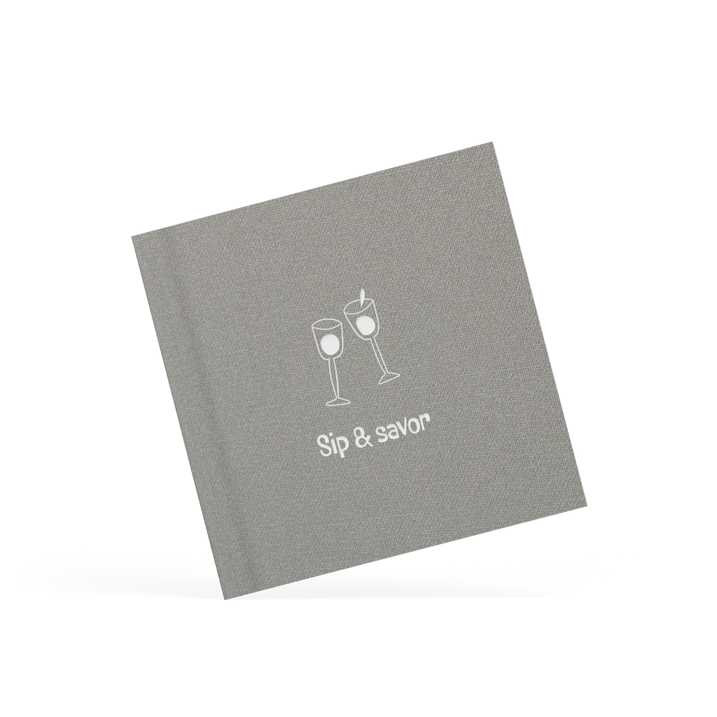 Gray placemat with wine glass design and text on a white background