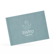 A classy clamp menu with a blue cover featuring a white 'bistro organic' logo.