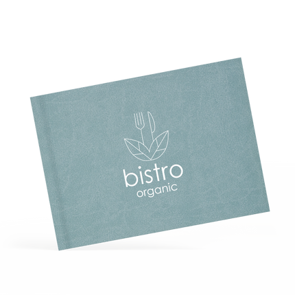 A classy clamp menu with a blue cover featuring a white 'bistro organic' logo.