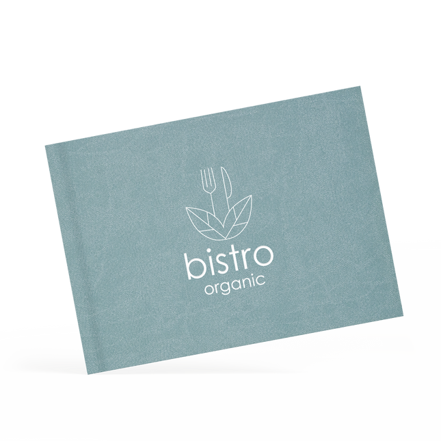 A classy clamp menu with a blue cover featuring a white 'bistro organic' logo.