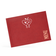A classy clamp menu with a red cover featuring a white 'menu' logo.