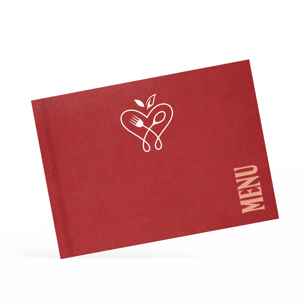 A classy clamp menu with a red cover featuring a white 'menu' logo.