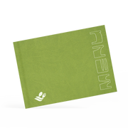 A classy clamp menu with a green cover featuring a white 'menu' logo.