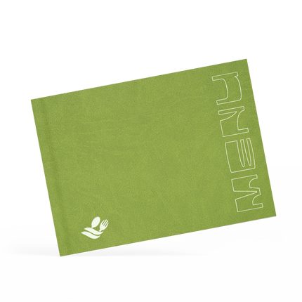 A classy clamp menu with a green cover featuring a white 'menu' logo.